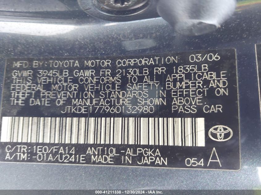 2006 Scion Tc VIN: JTKDE177960132980 Lot: 41211338