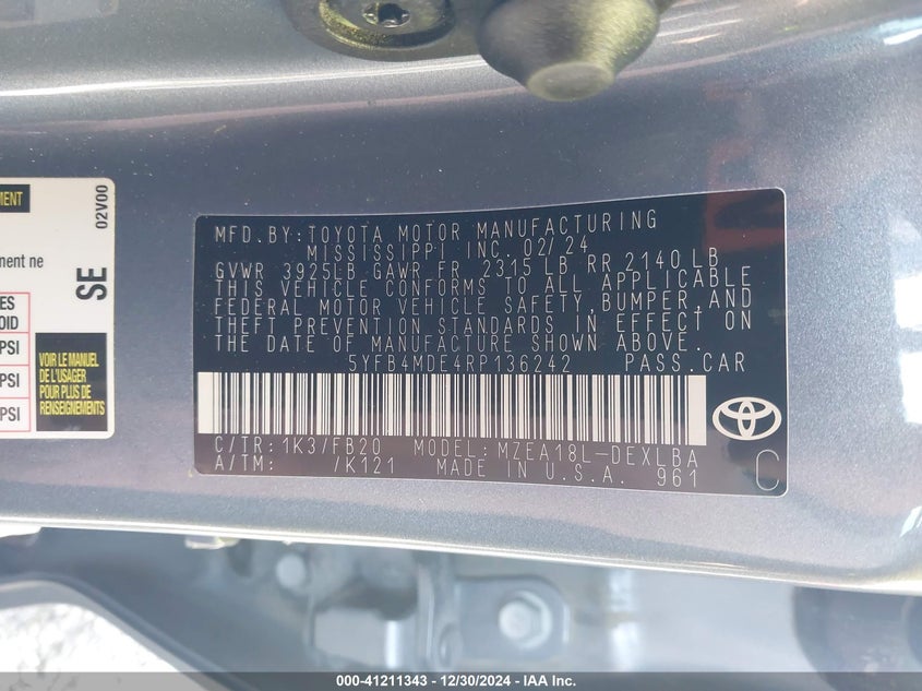 2024 TOYOTA COROLLA VIN: 5YFB4MDE4RP136242