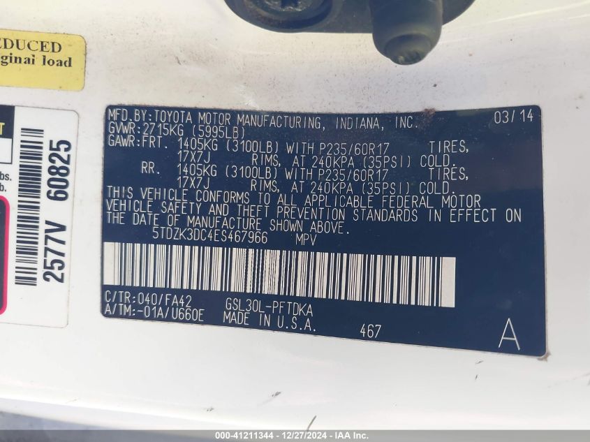 VIN 5TDZK3DC4ES467966 2014 TOYOTA SIENNA no.9