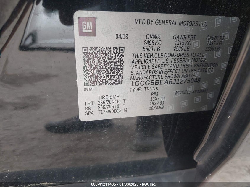 2018 CHEVROLET COLORADO VIN: 1GCGSBEA6J1275048