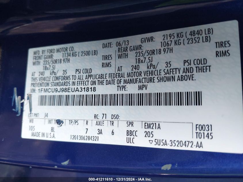 VIN 1FMCU9J98EUA31818 2014 Ford Escape, Titanium no.9