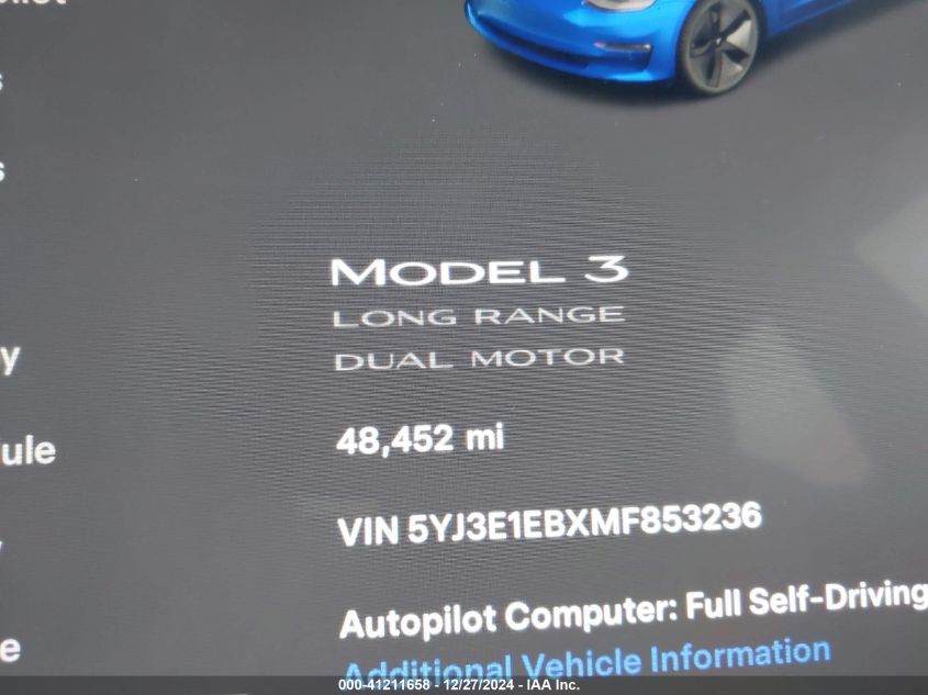 2021 TESLA MODEL 3 LONG RANGE DUAL MOTOR ALL-WHEEL DRIVE - 5YJ3E1EBXMF853236