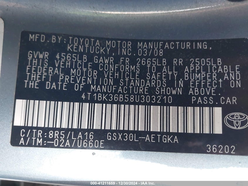 2008 TOYOTA AVALON VIN: 4T1BK36B58U303210