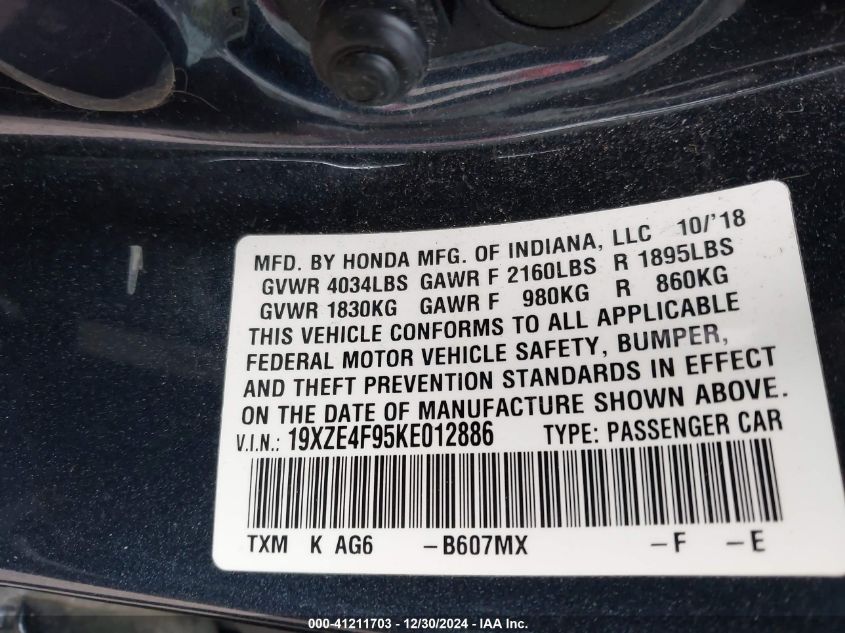 VIN 19XZE4F95KE012886 2019 HONDA INSIGHT no.9