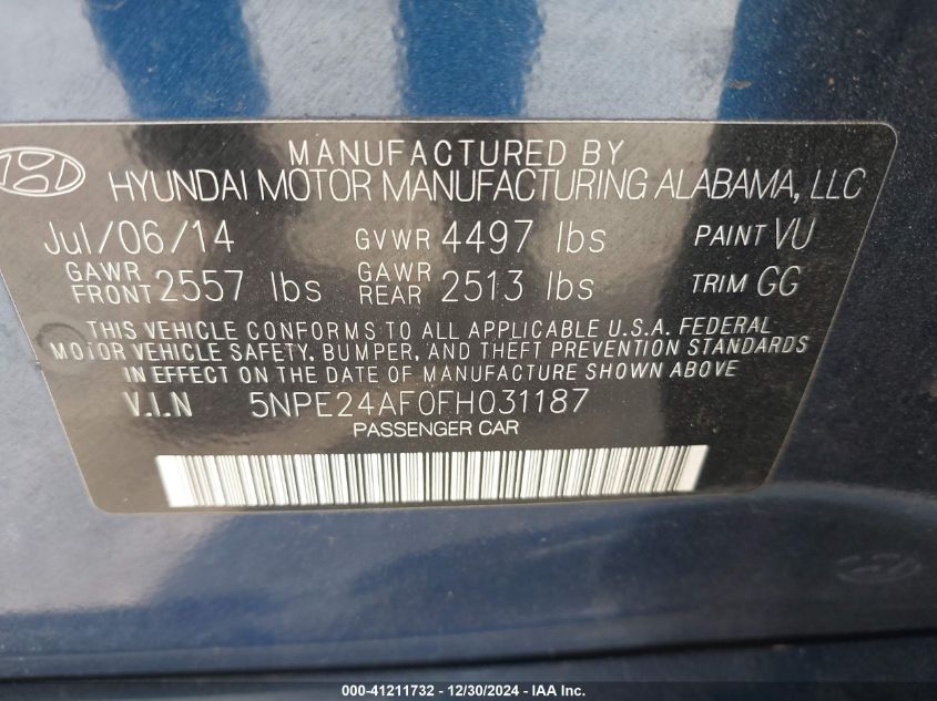 VIN 5NPE24AF0FH031187 2015 Hyundai Sonata, SE no.9