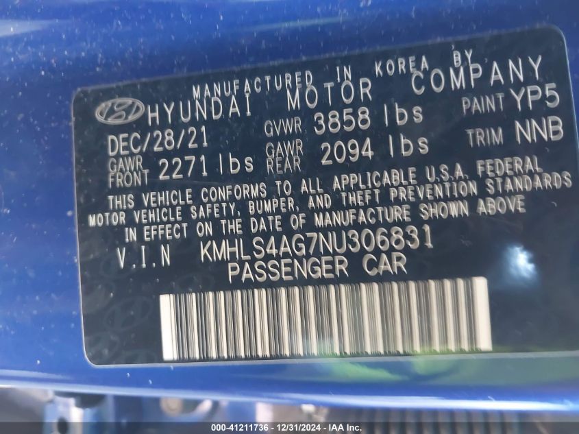 VIN KMHLS4AG7NU306831 2022 Hyundai Elantra, Sel no.9