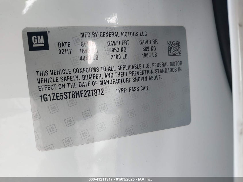 2017 CHEVROLET MALIBU VIN: 1G1ZE5ST8HF227872