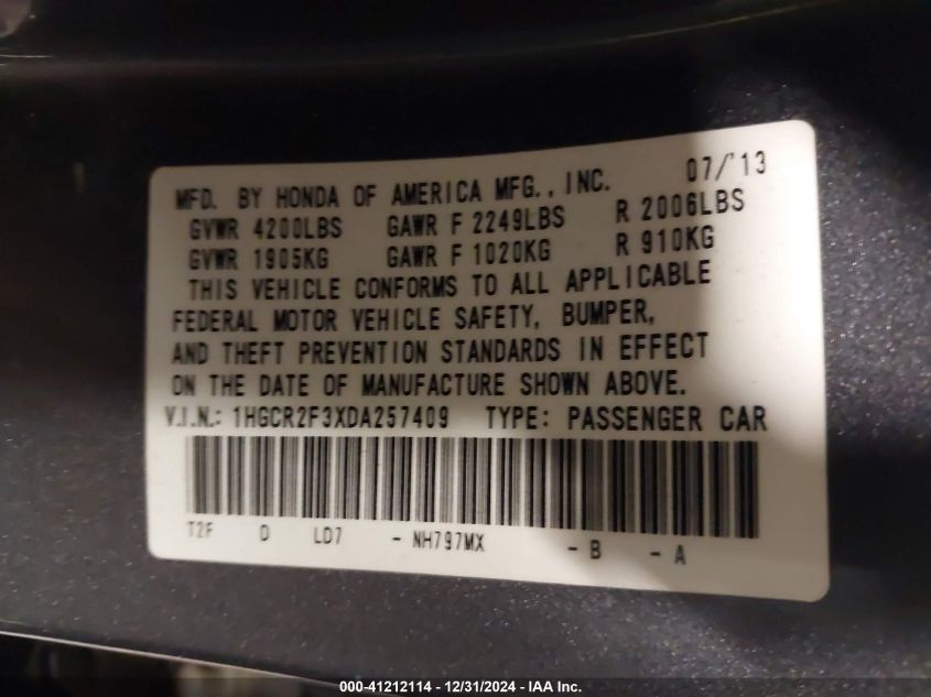 VIN 1HGCR2F3XDA257409 2013 Honda Accord, LX no.9