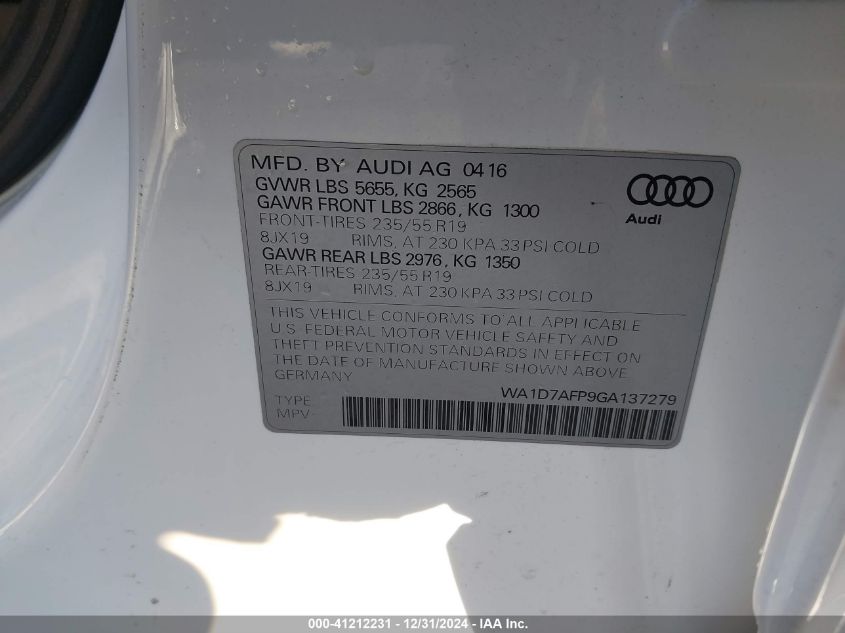 VIN WA1D7AFP9GA137279 2016 Audi Q5, 3.0T Premium Plus no.9