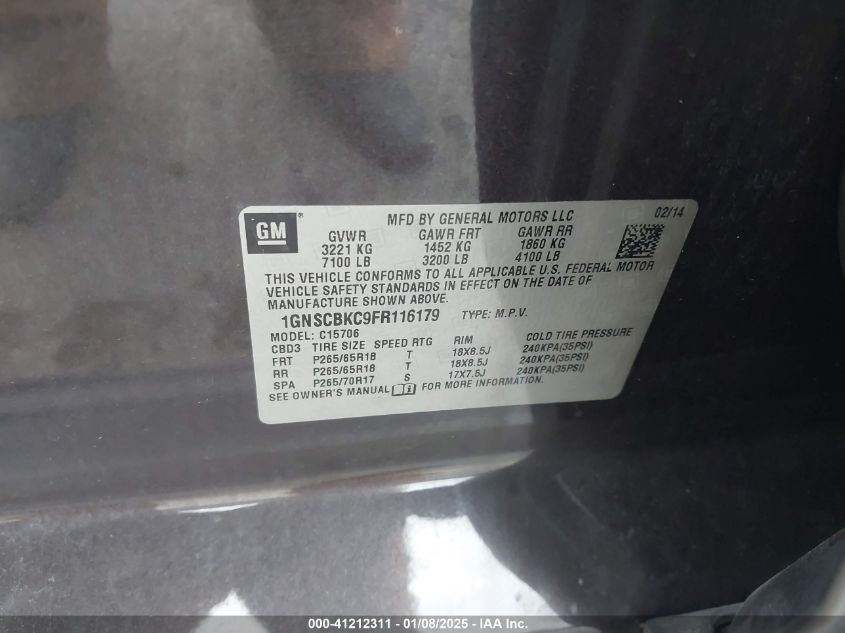 2015 Chevrolet Tahoe Lt VIN: 1GNSCBEC9FR116179 Lot: 41212311