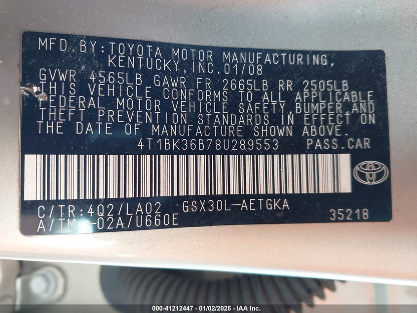 2008 TOYOTA AVALON VIN: 4T1BK36B78U289553