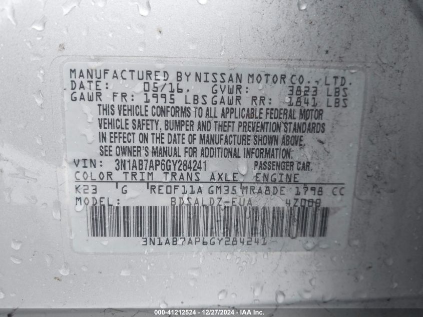 VIN 3N1AB7AP6GY284241 2016 Nissan Sentra, SV no.9