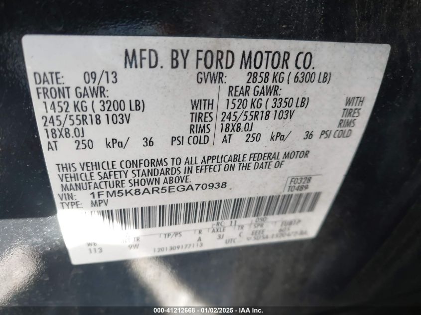 VIN 1FM5K8AR5EGA70938 2014 Ford Utility Police Inte... no.9