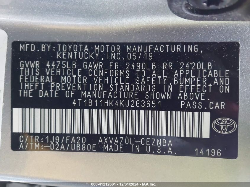 VIN 4T1B11HK4KU263651 2019 Toyota Camry, LE no.9