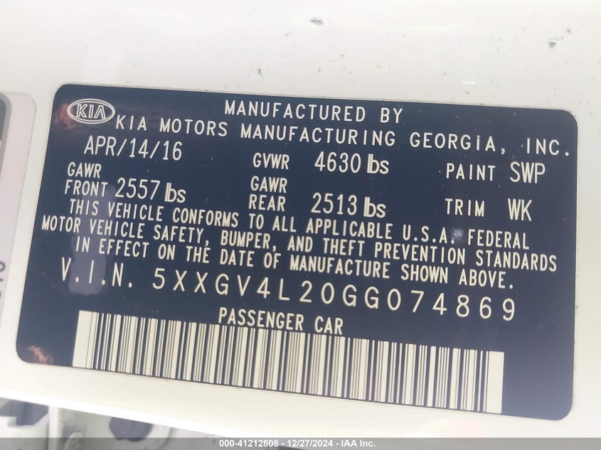 2016 KIA OPTIMA VIN: 5XXGV4L20GG074869