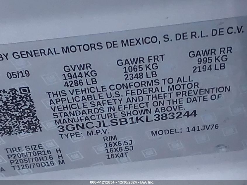 VIN 3GNCJLSB1KL383244 2019 Chevrolet Trax, LT no.9