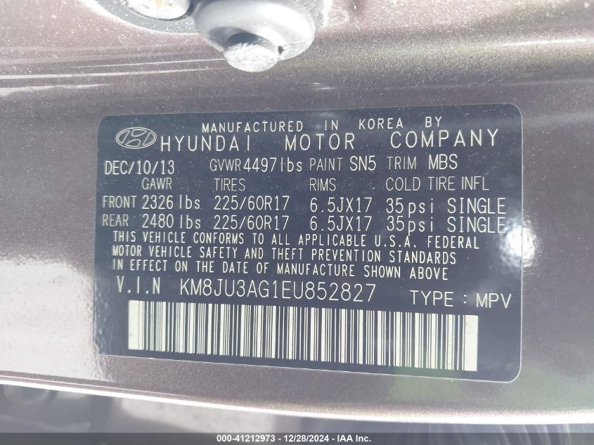 VIN KM8JU3AG1EU852827 2014 HYUNDAI TUCSON no.9