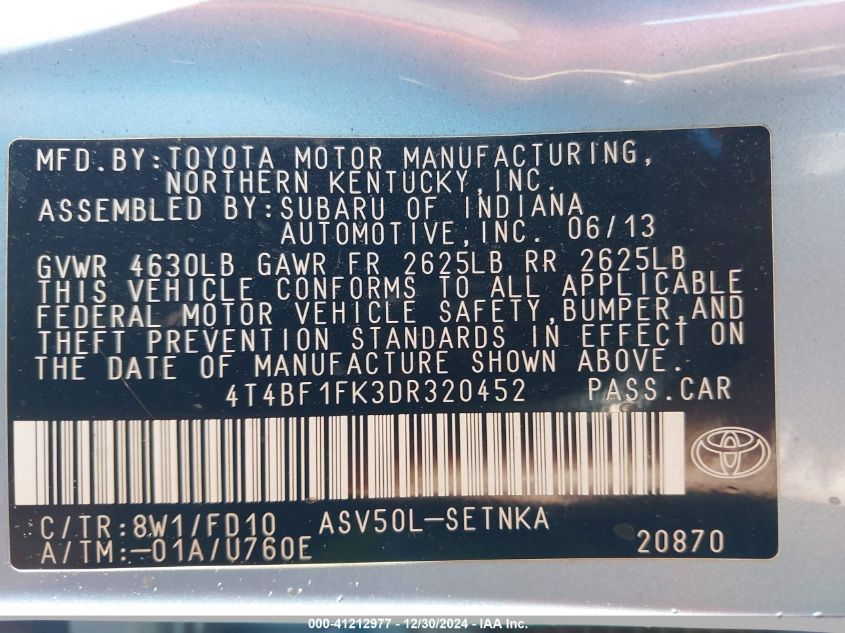 VIN 4T4BF1FK3DR320452 2013 Toyota Camry, LE no.9