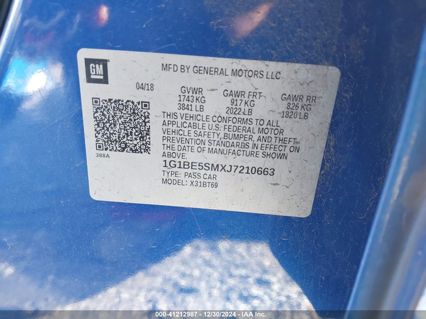 2018 CHEVROLET CRUZE VIN: 1G1BE5SMXJ7210663