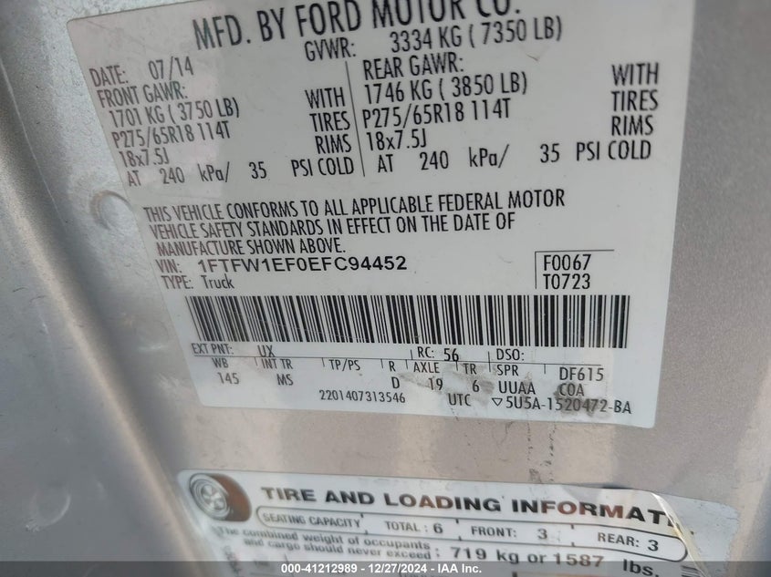 2014 FORD F-150 VIN: 1FTFW1EF0EFC94452