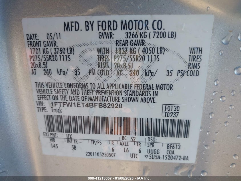 2011 FORD F-150 VIN: 1FTFW1ET4BFB82920