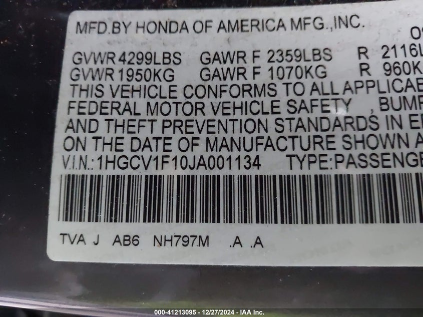 2018 HONDA ACCORD VIN: 1HGCV1F10JA001134