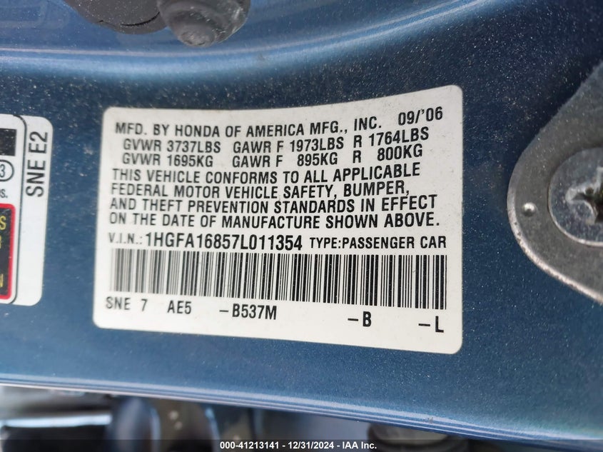 2007 HONDA CIVIC VIN: 1HGFA16857L011354