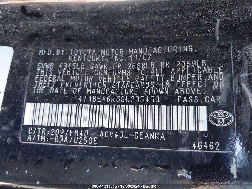 2008 Toyota Camry Ce/Le/Xle/Se VIN: 4T1BE46K68U236450 Lot: 41213315