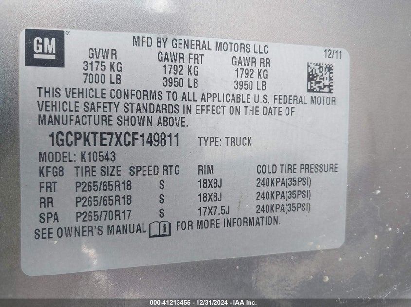 2012 CHEVROLET SILVERADO 1500 VIN: 1GCPKTE7XCF149811