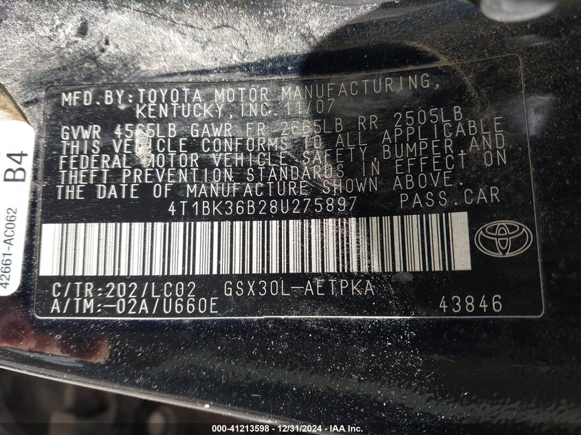 2008 TOYOTA AVALON VIN: 4T1BK36B28U275897