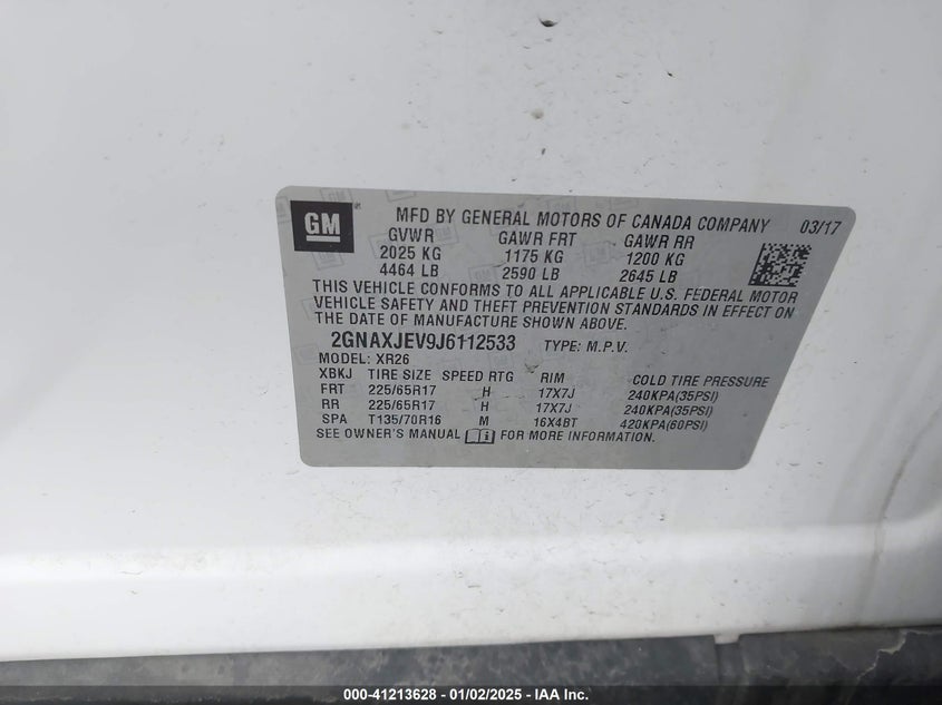 2018 CHEVROLET EQUINOX VIN: 2GNAXJEV9J6112533