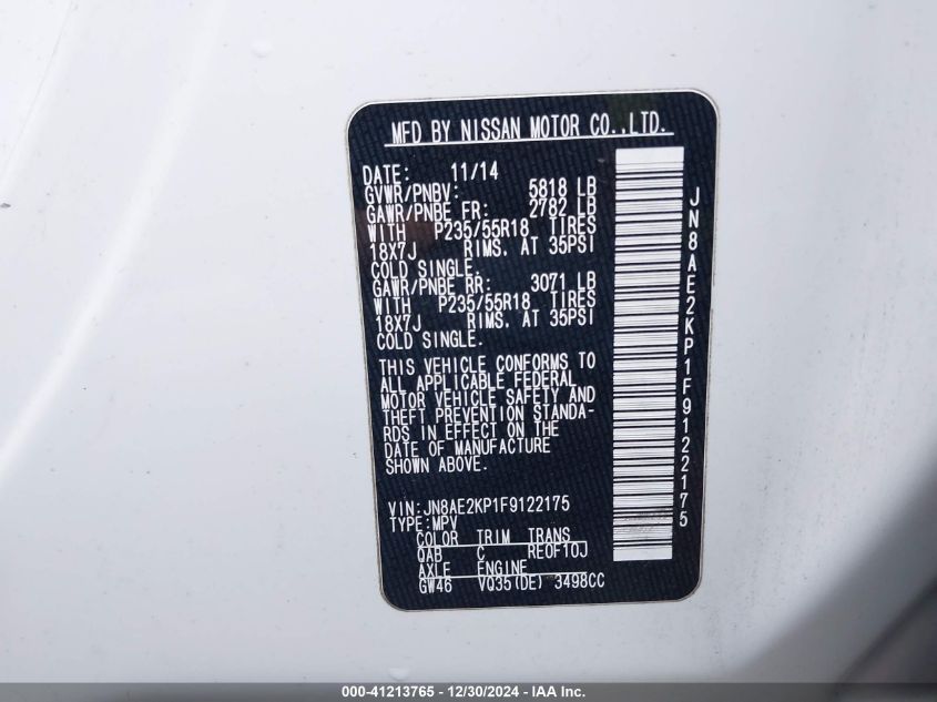 2015 Nissan Quest Platinum/S/Sl/Sv VIN: JN8AE2KP1F9122175 Lot: 41213765