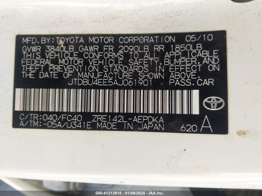 2010 TOYOTA COROLLA VIN: JTDBU4EE5AJ061901