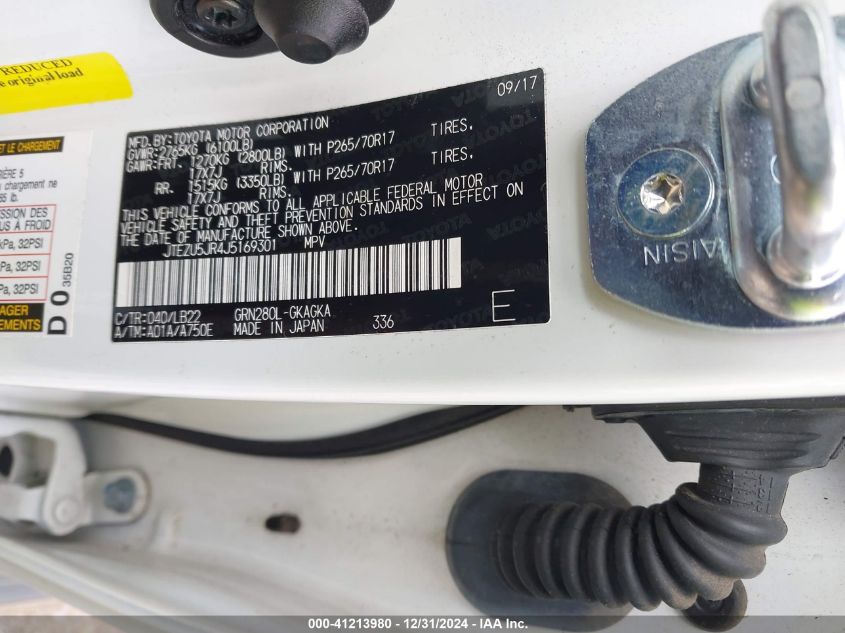 2018 Toyota 4Runner Sr5 Premium VIN: JTEZU5JR4J5169301 Lot: 41213980