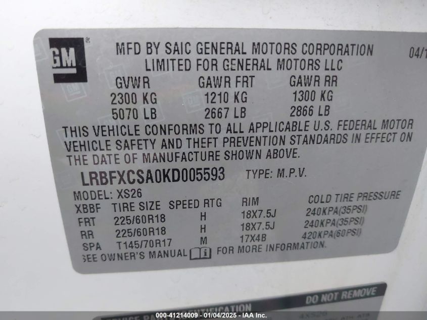 VIN LRBFXCSA0KD005593 2019 Buick Envision, Fwd Essence no.9