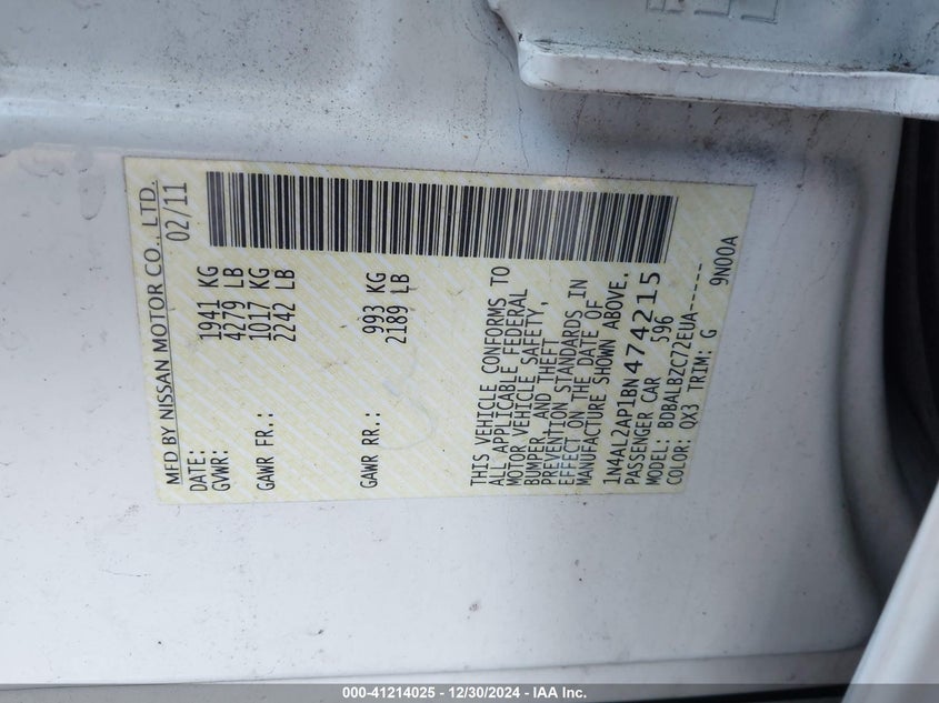2011 NISSAN ALTIMA VIN: 1N4AL2AP1BN474215