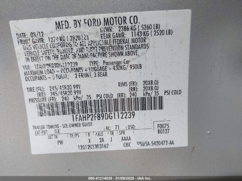 VIN 1FAHP2F89DG112239 2013 FORD TAURUS no.9