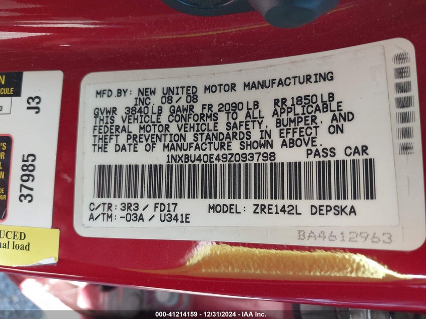 2009 TOYOTA COROLLA VIN: 1NXBU40E49Z093798