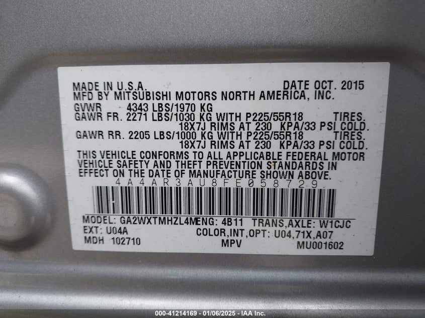 2015 Mitsubishi Outlander Sport Es VIN: 4A4AR3AU8FE058729 Lot: 41214169