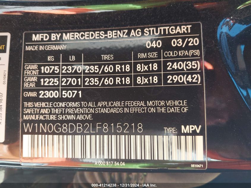 2020 Mercedes-Benz Glc 300 VIN: W1N0G8DB2LF815218 Lot: 41214238