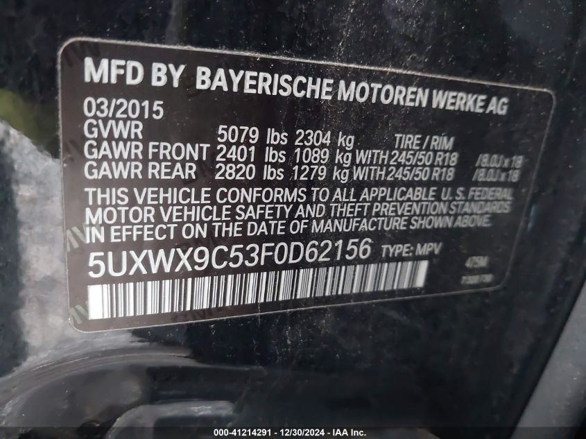 VIN 5UXWX9C53F0D62156 2015 BMW X3, Xdrive28I no.9