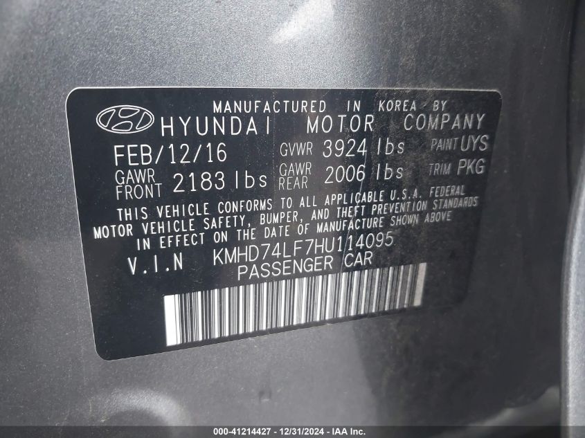 VIN KMHD74LF7HU114095 2017 Hyundai Elantra, SE no.9