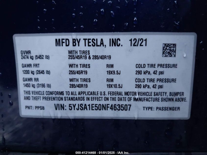 VIN 5YJSA1E50NF463507 2022 TESLA MODEL S no.9