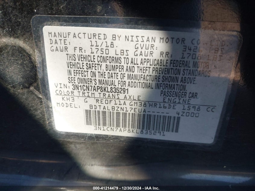 2019 NISSAN VERSA 1.6 SV - 3N1CN7AP8KL835291