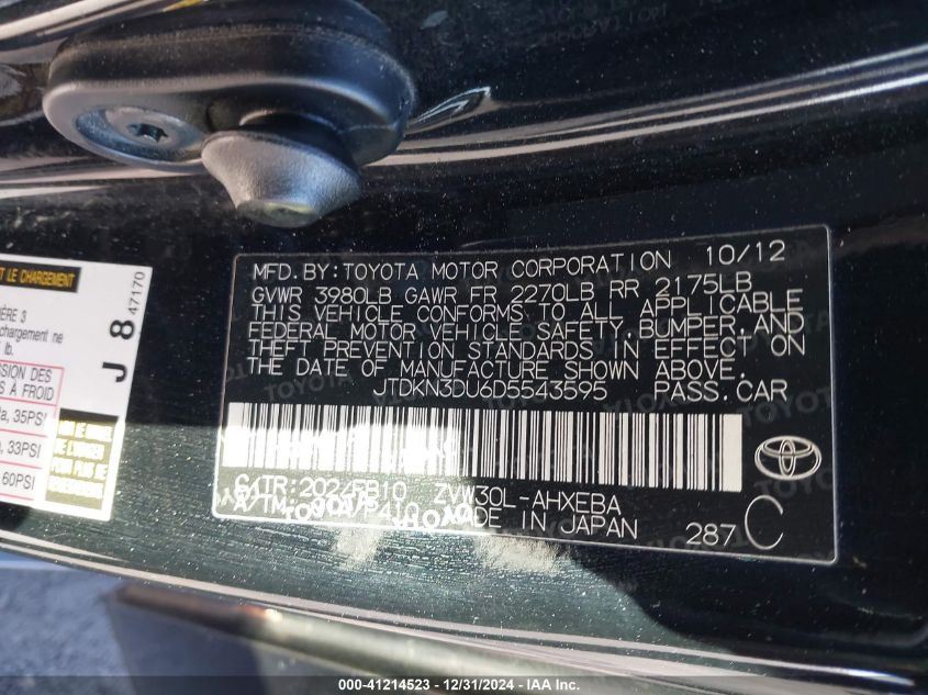 VIN JTDKN3DU6D5543595 2013 Toyota Prius, Three no.9