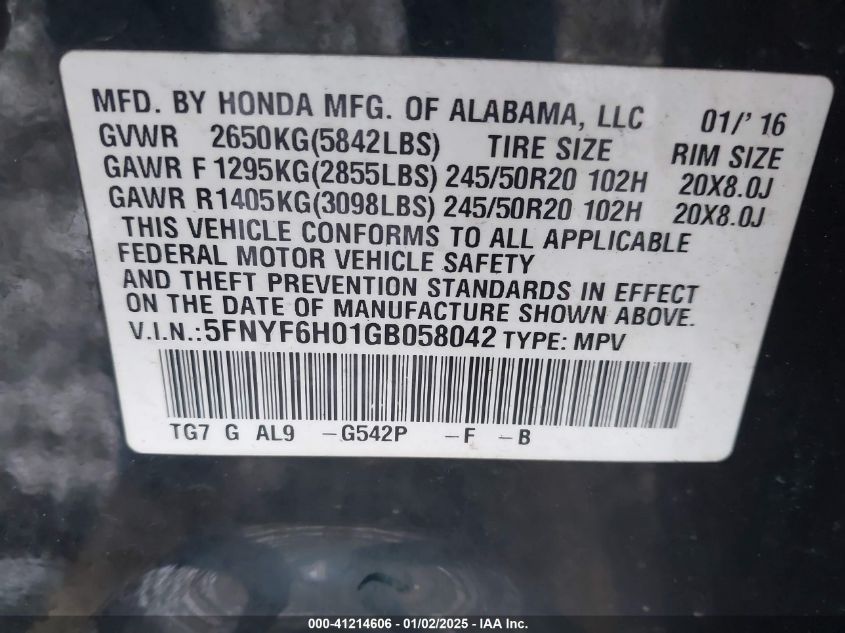 VIN 5FNYF6H01GB058042 2016 Honda Pilot, Elite no.9