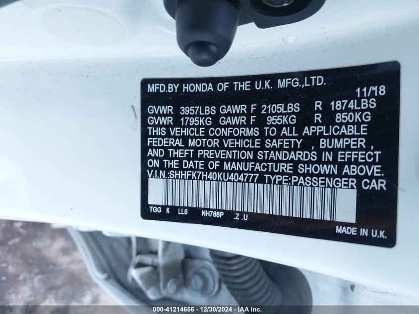 2019 HONDA CIVIC VIN: SHHFK7H40KU404777