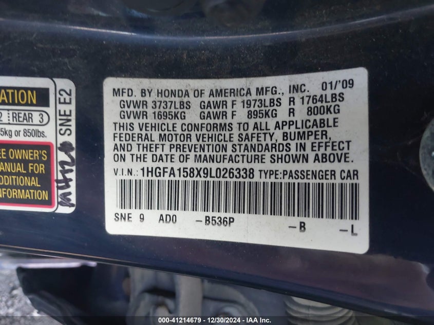 2009 HONDA CIVIC VIN: 1HGFA158X9L026338