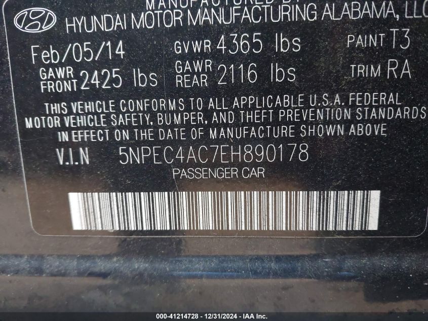 VIN 5NPEC4AC7EH890178 2014 HYUNDAI SONATA no.9