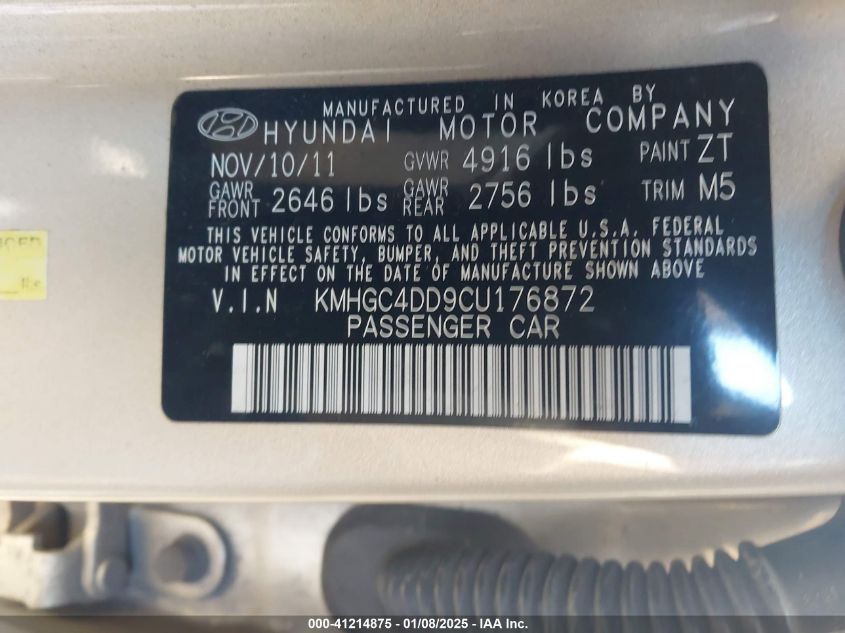 2012 Hyundai Genesis 3.8 VIN: KMHGC4DD9CU176872 Lot: 41214875